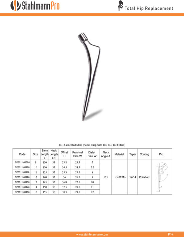 BC1 Cemented Stem(same rasp with BB,BC1,BC2 Stem)