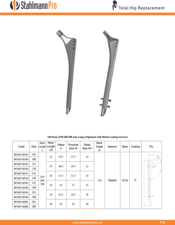 160 Stem (250/280/300 mm Long) (Optional With Distal Locking Screws)