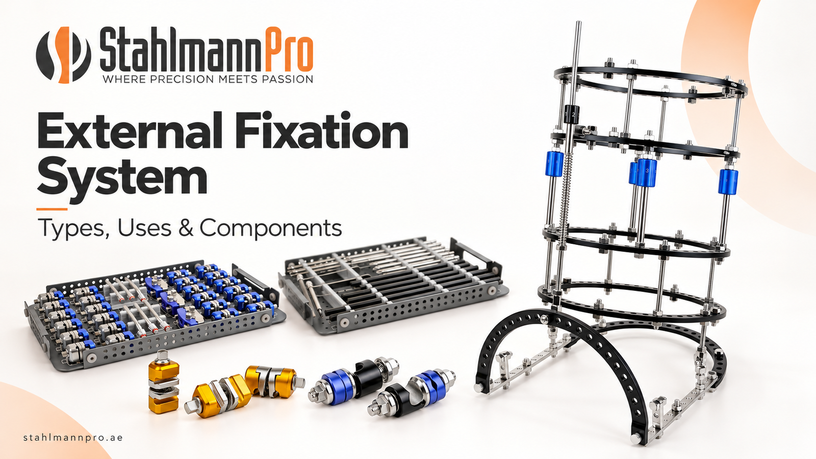 Stahlmann Pro External Fixation System with circular frame, instrument trays and coupling components